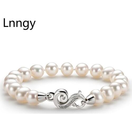 Lnngy 925 Sterling Silver Bracelet Natural Freshwater Pearl S Shape Buckle 18cm Length Charm Bracelet Women Wedding Jewelry Gift