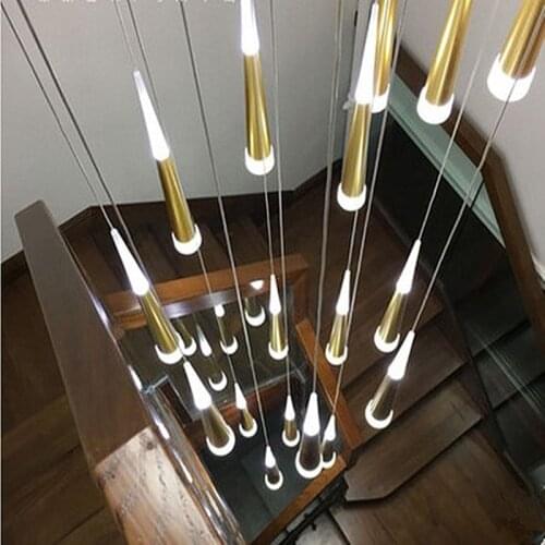 Gold cone chandelier double staircase creative guesthouse hotel lobby led personality bar villa meteor shower led lighting lamps