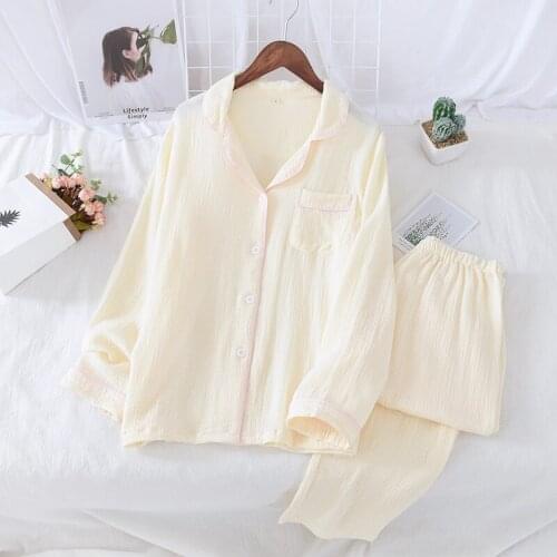 Fashion Spring and Autumn New Couple Cotton Crepe Suit Long-sleeved Trousers Womens Pajamas Solid Color Home Service Men