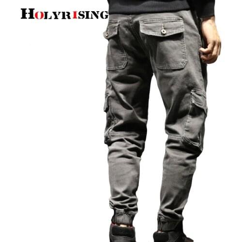 Holyrising Mens Jeans Denim Pocket Pants Summer Autumn Casual gray big pockets mens trousers cargo jean pant 28-42 size 18856-5