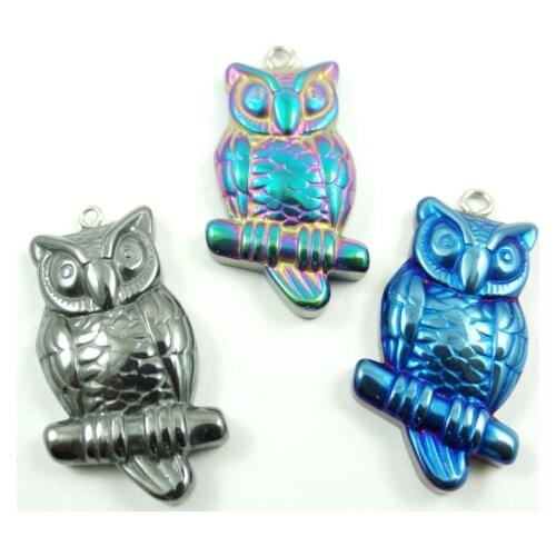Natural Quartz crystal Titanium Hematite hand-Carved owl Gem pendant for diy jewelry making necklace Accessories3pcs