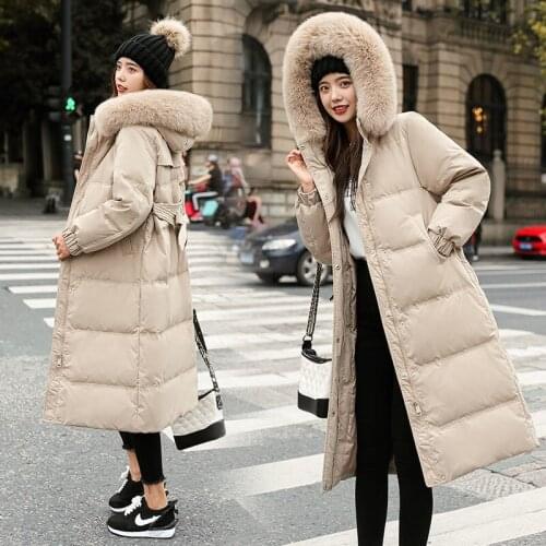 New Fox real hair collar down jacket womens middle and long new white duck down slim and thick