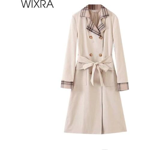 Wixra Womens Trench With Sashes Double Breasted Basic Plaid Patchwork Long Coat Chic Female High Street Outerwear