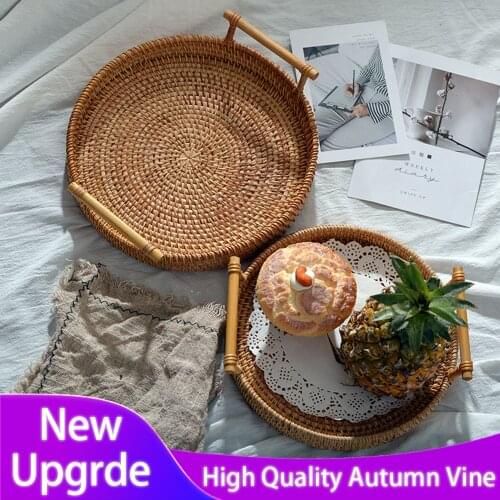 Rattan Handwoven Storage Basket Snack Basket Bread Fruit Storage Platters Plate Over Handles For Breakfast Drink Snack For Coffe