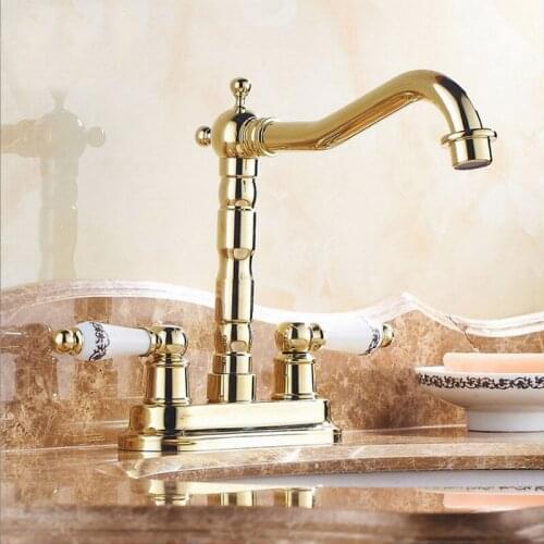 Luxury Gold Polished Basin Faucet 4 Inch Centerset Bathroom Sink Faucet Dual Knobs Mixer Tap Cold And Hot Water Tap