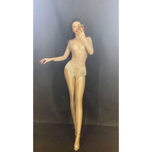 Silver Rhinestones Fringes Backless Transparent Net Bodysuit Women Dancer DS Wear Birthday Celebrate Outfit