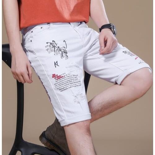 Summer New Men embroidery white Shorts Knee Length Fashion Printing Frayed Streetwear High-quality Brand Clothing