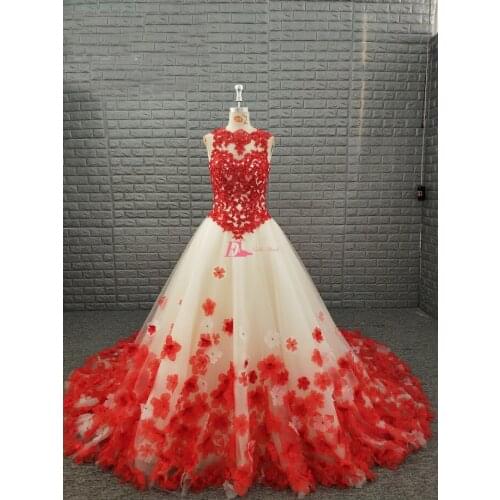 2019 Actual Photos A Line Chic Red Lace Prom Dresses With Flowers Tulle Beauty Girls Party Gowns Celebrity Evening Dresses