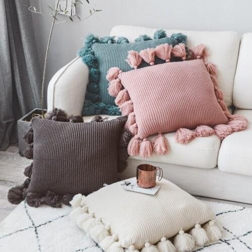 45x45cm Nordic Style Tassels Knitting Pillowcase Solid Color Square pillow Case Household Sofa Bedroom Soft Cushion Pillow Cover