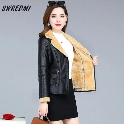 SWREDMI Thick Warm Leather Jacket Women Winter Zipper Leather Coat Short Leather Clothing Outerwear Plus Size 5XL