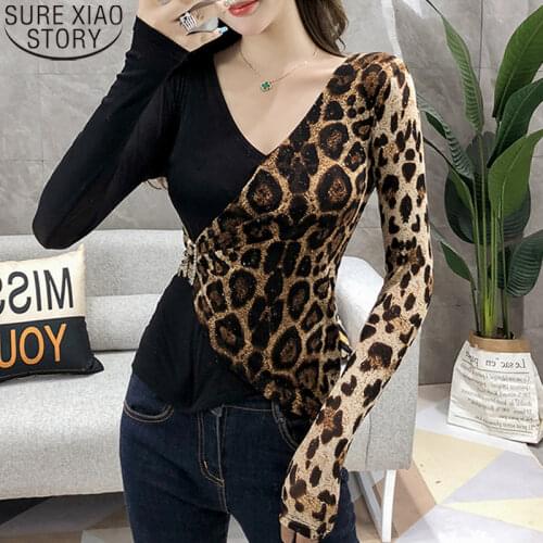 Sexy Women Blouse Fashion Leopard Shirt Women Spliced Mesh Blouse V-neck 2020 Ladies Tops Long Sleeve Shirt Plus Size Tops 6241