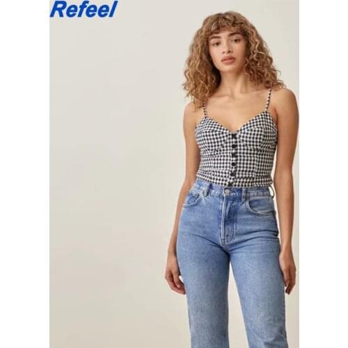 Women Fashion Summer Top V-Neck Back Hollow Out Camis Bandage Plaid Single-Breasted Spaghetti StrapTank Top