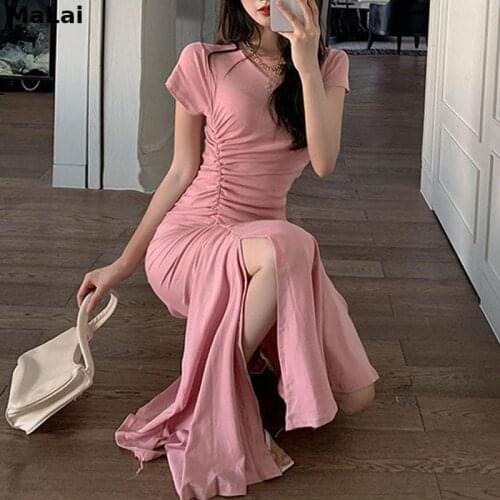 Elegant Vintage Dress Summer 2021 French Solid O-Neck Shirring Slim Midi Dress Office Lady Korea Style Casual Thin Women Dresses