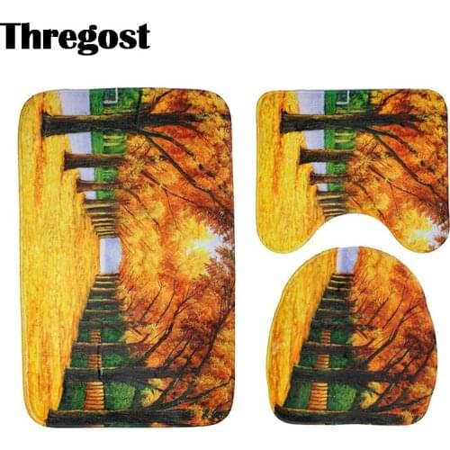 3Pcs/Set Scenic Printed Bathroom Bath Mat Set Toilet Carpet Flannel Non-Slip Rug Set Toilet Lid Cover Shower Room Rug Floor Mats