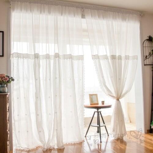 White sheer curtain with lace embroidered flower tulle princess for kids room and living room