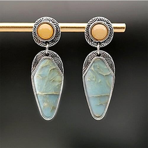 Bohemia Vintage Natural Stone Resin Dangle Earrings for Women Ethnic Tribal Jewelry Accessories Silver Color Waterdrop Earrings