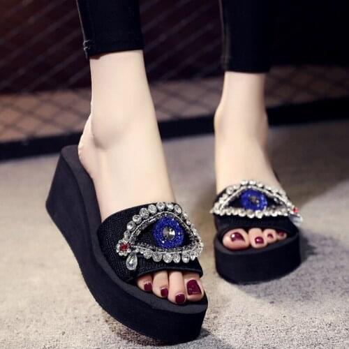 Big eyes wedges sandalias femme 2 styles heel summer platform slippers crystal eyes decorate slides shoes women beading flipflop