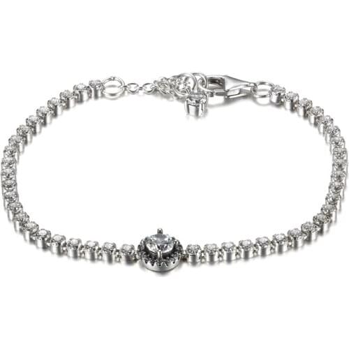 Authentic 925 Sterling Silver Sparkling Halo Tennis Bracelet Bangle For Women fit Lady Bead Charm DIY Jewelry