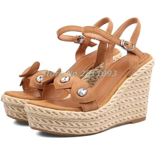Crystal Wedges Brown Sandals Weave Rope Decor Heel Open Toe Rome Women Sandals Ankle Buckle Round Toe Ladies Summer Shoes