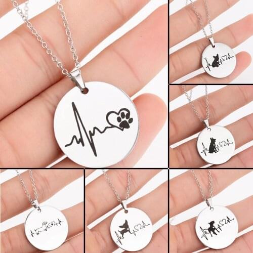 Round Pendant Stainless Steel Heartbeat Paw Dog Cat Necklace Women Statement Colier Pet Gift Jewelry kettingen voor vrouwen