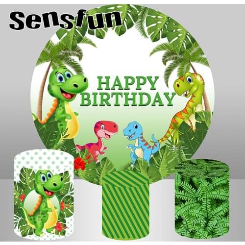 Round Circle Photography Backgrounds Cartoon Green Dinosaur Party Photography Backdrop Boys 1st Birthday Photo Studio Customized