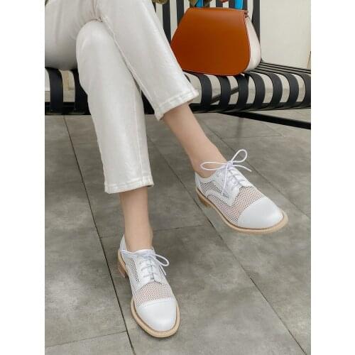 EshtonShero Summer Casual Women Square Low Hees Mesh Round Toe Genuine Leather Women Pumps New Arrival Fashion Shoes Woman