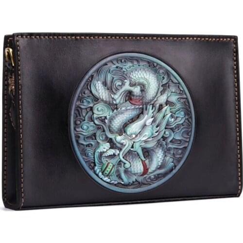Handmade Men Vegetable Tanned Leather Carvings Dragon Bag Money Holder Clutch Purse Cigarette Pocket Man Clutches