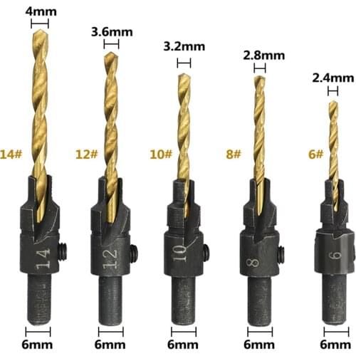 6pcs Countersink Drill Bit Set Titanium Coated HSS Wood Hole Drill Cutter Round Shank Twist Drill Bit #6#8#10#12#14