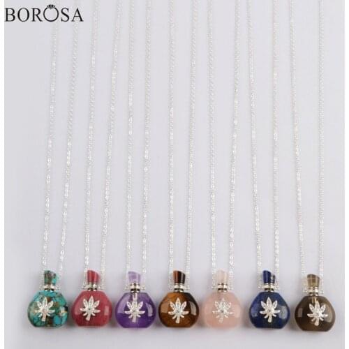 Silver Color Natural Stones Perfume Bottle Pendant Necklaces CZ Micro Pave Gems Essential Oil Diffuser Necklace Connector S1976