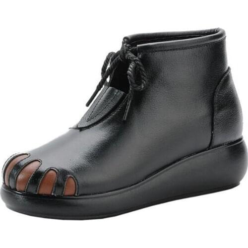 New Winter Short Boots Genuine Leather Retro Ethnic Womens Boots Wedge Heel Thick-soled Warm Shoes Fashion Casual Cotton Boots