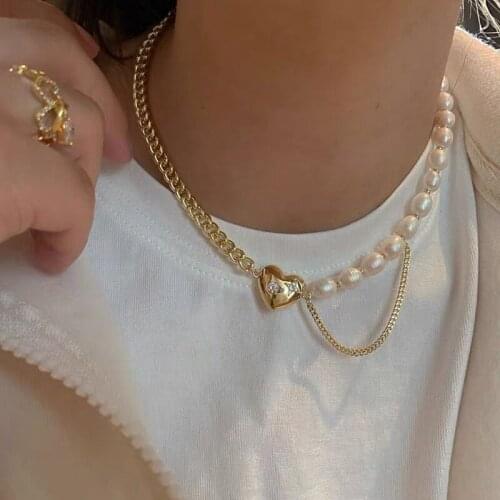 Huge Bud Heart CZ Pendant Chain Necklace For Women Freshwater Pearl Choker Necklaces 2021 New Trendy Jewelry Wedding Accessories