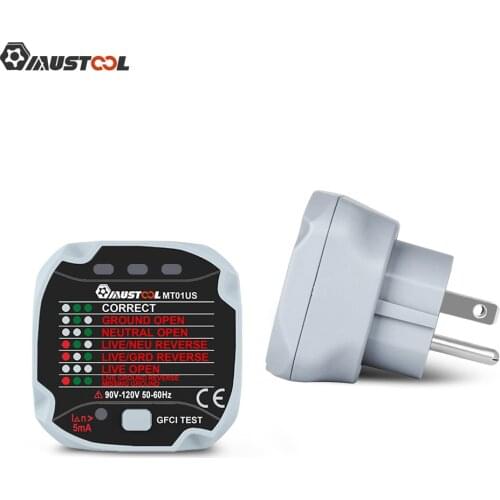 MUSTOOL MT01ER Socket Tester Leakage Switch Voltage Test Socket Detector US/EU Plug Ground Zero Line Plug Polarity Phase Check