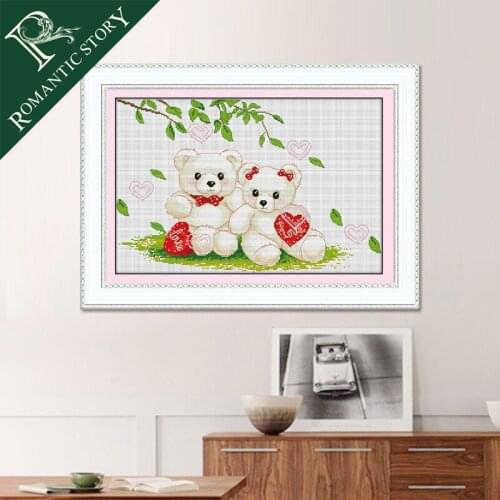 Romantic Story Simple Lovely Teddy Bear Lovers Cross Stitch Needlework DIY 11CT Printing Cross Stitch Sets For Embroidery Kits