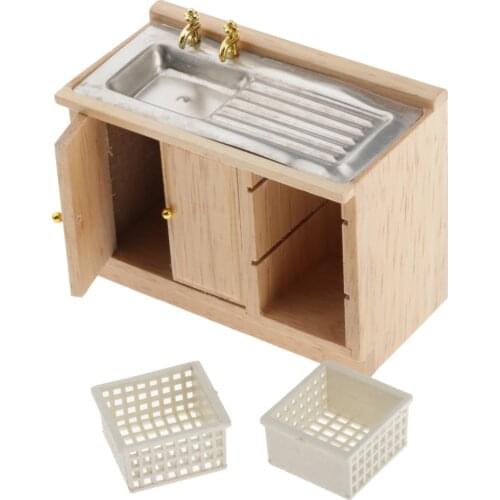 Deluxe Wooden 1/12 Dollhouse Kitchen Miniature Cupboard Wash Basin Sink DIY Decorations