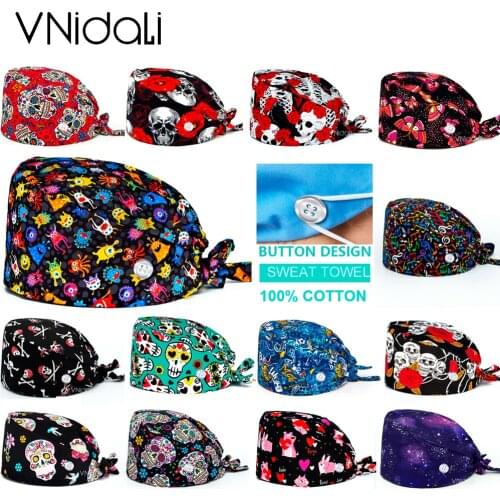 Cotton Sugar Skull printing hats adjustable scrub hat beauty salon working cap laboratory pet shop nursing scrub cap with button
