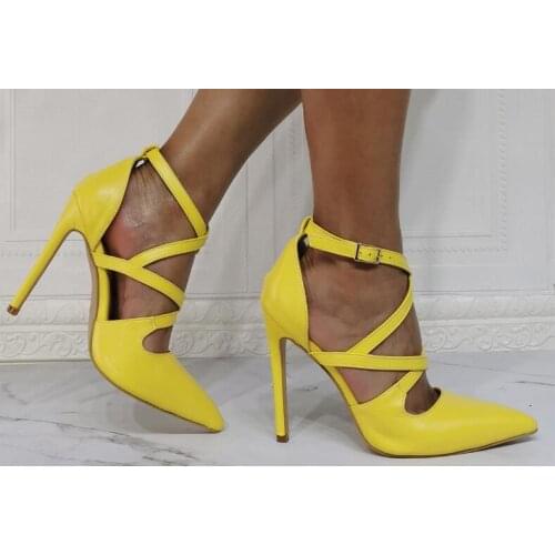 Dipsloot Newest Fashion Woman Yellow Cross Cuts Out Pointed Toe Pumps Female Sexy Party Stiletto Heels Dress Shoes Big Size 47