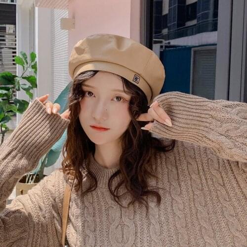 PU Leather Beret Hats For Women Classic Vintage Winter Painter Hats for Girls British Letter K Octagonal Caps Femal Flat Caps