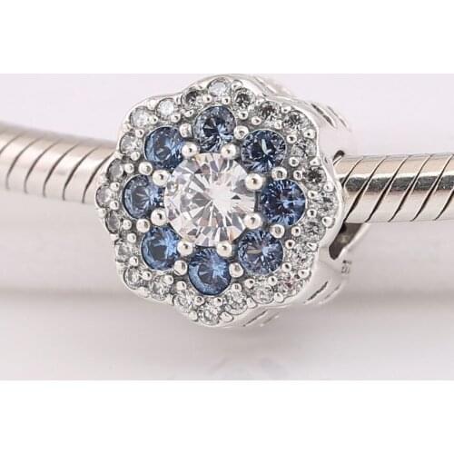 Authentic S925 Blue Sparkling Flower With Crystal Bead Charm for Women Bracelet Bangle DIY Jewelry