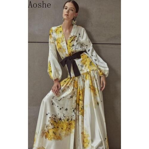 2021 Autumn Temperament Vintage Printed V-neck Dress Fashion Lantern Sleeve Lace-up Printed Womens Dress Elegant Dress