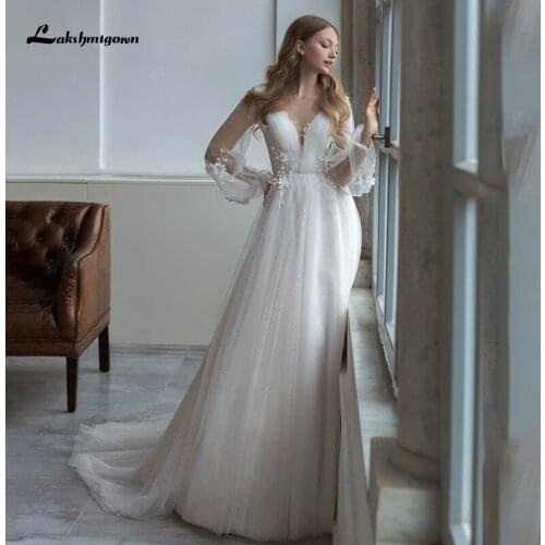 Lakshmigown Luxury Glitter Long Sleeves Wedding Dresses 2021 robe de mariee Lace Appliques Beaded Bridal Gowns Vestidos De Novia