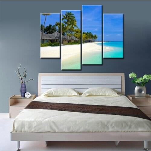 4piece Natural Landscape Blue Ocean and Sky Green Coconut Tree Canvas Print Painting Modern Seascape Wall Art Picture Room Decor