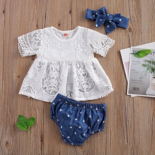 0-24M Princess Baby Gir’s Clothes Fresh Solid Color Tops Flower Lace Hollow Blouse +Heart Print Wrapped Shorts+Headband Set