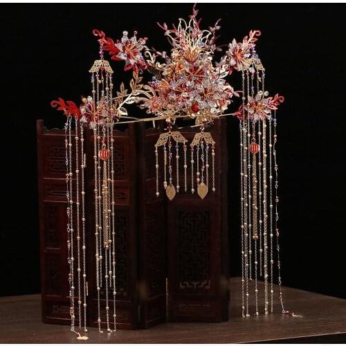 Bride Head Chinese red Costume Wedding hair Ornament Retro Court Wedding Marriage hair jewelry