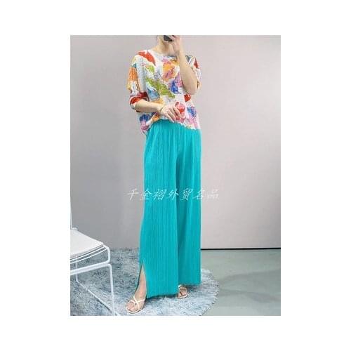 HOT SELLING Miyake Fashion fold SOLID straight pants loose Side slit trousers IN STOCK
