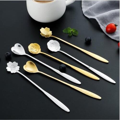 1PCS Teaspoons Drink Tableware Flowers Design Tea Coffee Mixing Spoon Gold Spoon Long Handle Dessert Stainless