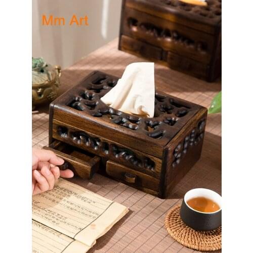 Solid Wood Multi-Functional Tissue Box Paper Box Living Room Chinese Napkin Paper Box Vintage