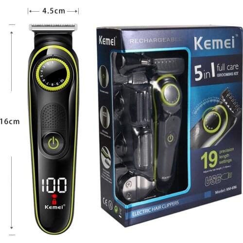 Kemei 5 In 1 LCD Display Hair Trimmer Household Electric Hair Clippers Multifunctional USB Rechargeable Nose Hair Cut Machine