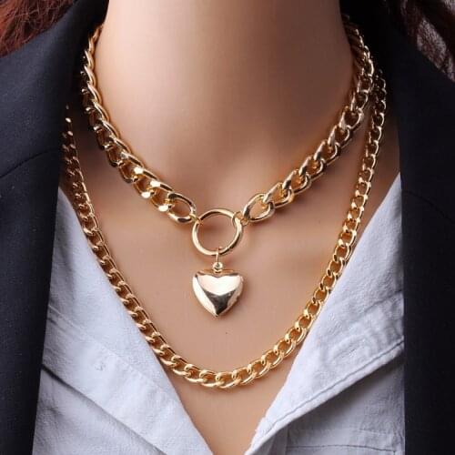 Fashion Personality Retro Punk Long Double Peach Heart Pendant Womens Exaggerated Thick Chain Necklace Womens Jewelry