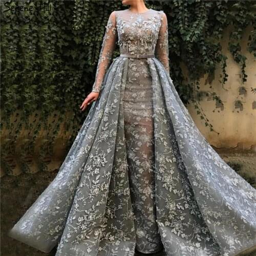 Muslim Grey Long Sleeves Tulle Evening Dresses 2020 O-Neck Handmade Flowers Pearls Fashion Evening Gowns LA60898