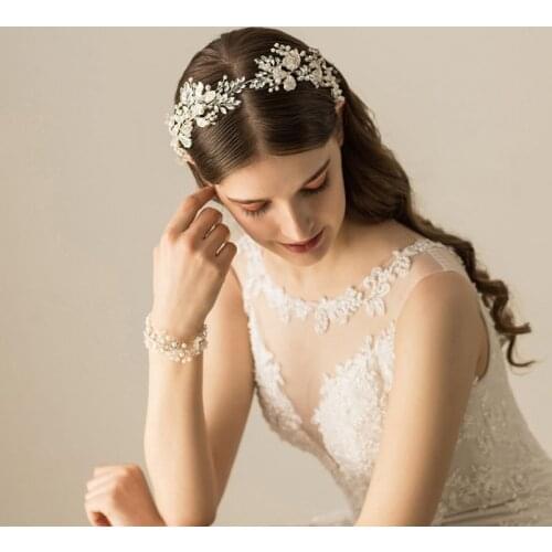 SLBRIDAL Handmade Alloy Wired Rhinestones Crystal Pearls Wedding Headband Bridal Hair Vine Hair Accessories Women Jewelry